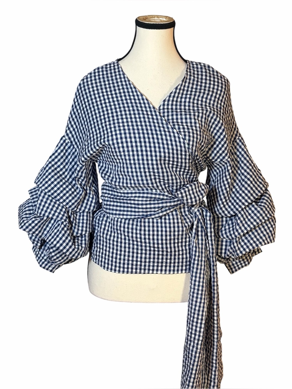 QED London Gingham Wrap Top Blouse Navy Blue Ruched Statement Sleeves Size Small
